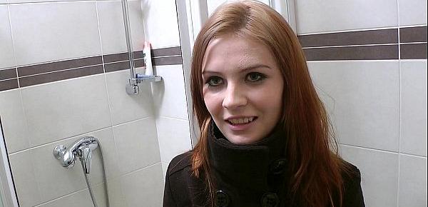  Redhead with innocent face doing perverted stuff in the public toilet